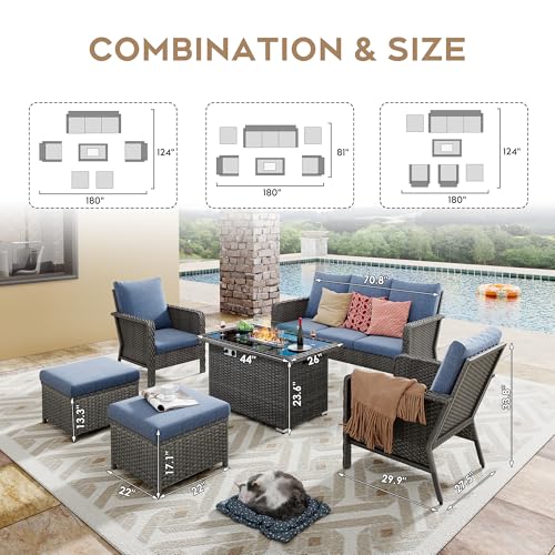 Yechen Patio Conversation Set with 44" Propane Fire Pit Table - 6 Pcs Blue Wicker Outdoor Furniture