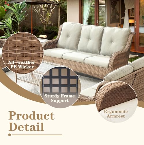 Artfurniz 13 Piece Wicker Patio Furniture Set with 4 Swivel Rocker Chairs, 2 Couches, Ottomans, and Tables - Yellow Wicker / Beige Cushion