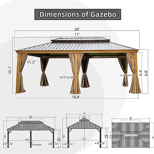 LOPOO Hardtop Gazebo with Curtains & Netting - Aluminum Frame Pavilion with Steel Double Roof Canopy for Patio, Backyard, Lawn - Yellow Brown 12ft x 20ft