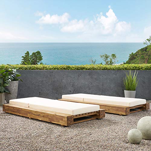 Great Deal Furniture GDFStudio Outdoor Acacia Wood Chaise Lounge Set of 2 Sandblast Teak Finish, Cream