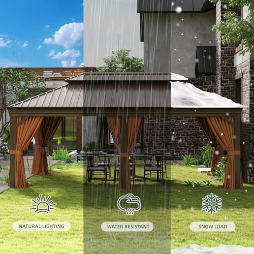 Jolydale Sonegra 12' x 20' Permanent Hardtop Gazebo Aluminum Frame with Curtains & Netting Brown