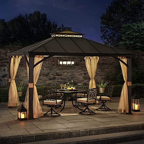 Sunjoy Hardtop Gazebo 11x13 ft Outdoor Patio Black Aluminum Frame Double Tiered with Mesh Netting