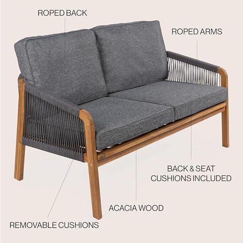 JONATHAN Y Arwen Modern Bohemian Roped Acacia Wood Outdoor Loveseat Gray/Teak Brown