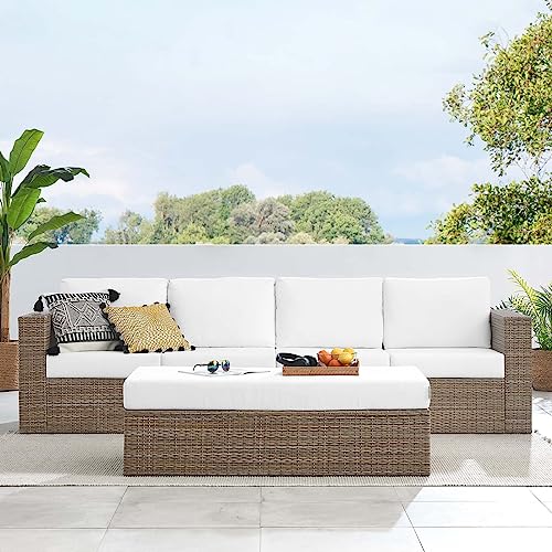 Modway Convene Wicker Rattan Outdoor Patio Sectional Sofa and Ottoman Set Cappuccino White