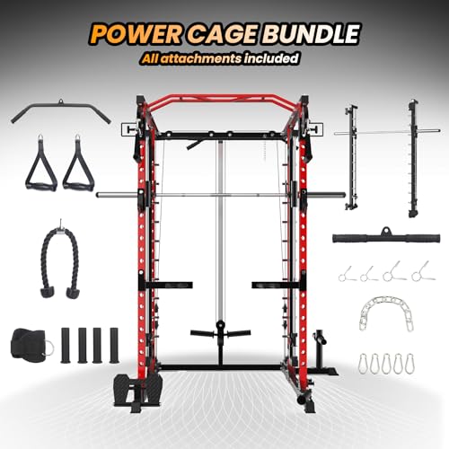 STMHOM Power Cage with Smithbar, 2000 Lbs Power Rack, Cable Crossover System, Black/Smithbar Red
