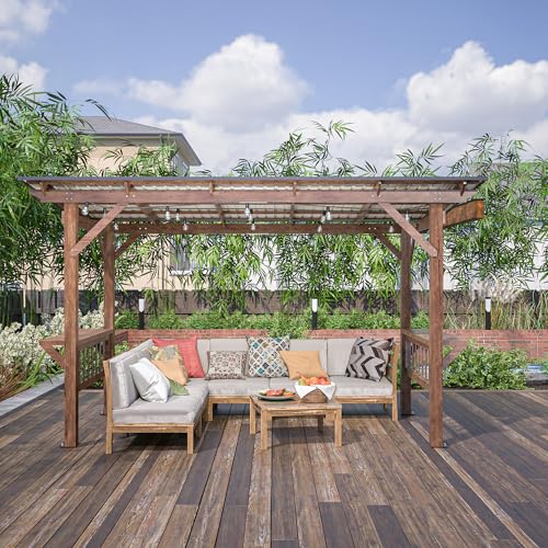 AMNOOI 13' x 6.5' Spacious Wooden Pergola Grill Gazebo with Metal Roof and Built-in Bulbs Brown