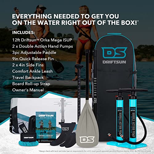 Driftsun Inflatable Paddle Board Teal 12ft x 45in Extra Wide Stand Up SUP Package