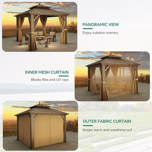 YITAHOME 10x10ft Hardtop Gazebo with Nettings and Curtains Bronze