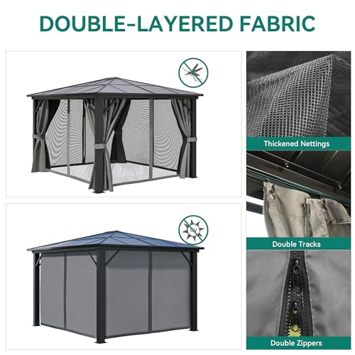 DWVO 10x12ft Polycarbonate Hardtop Gazebo with Netting and Curtains Gray Single Roof