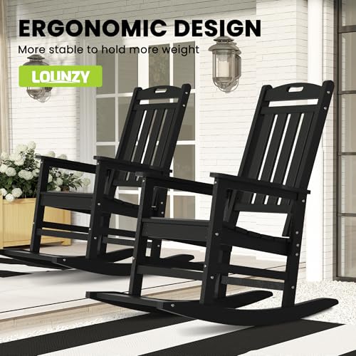 LOUNZY Outdoor Rocking Chair Set of 6 HDPE Patio Porch Rockers Black