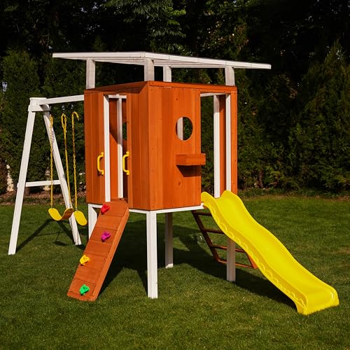 Avenlur Modern Wooden Outdoor Swing Set with Clubhouse & Slide Yellow