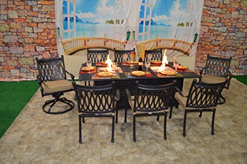 theWorldofpatio Grand Tuscany 9pc Dining Set with Propane Fire Pit and Sunbrella Cushions Antique Bronze