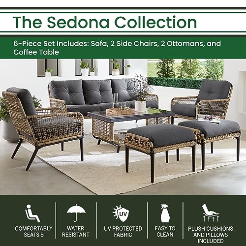 Hanover Sedona Outdoor 6-Piece Conversation Set Wicker Patio Furniture Charcoal/Tan