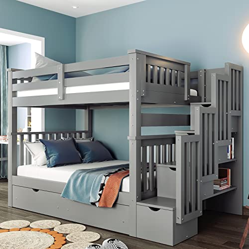 Harper & Bright Designs Full Over Full Bunk Bed with Storage Drawers and Stairway Grey