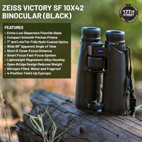 ZEISS 10x42 Victory SF Binoculars Bundle with Harness Strap, Camo Hat, Cleaning Cloth & Lens Wipes (Black/Yellow)