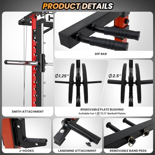 STMHOM Power Cage with Smithbar, 2000 Lbs Power Rack, Cable Crossover System, Black/Smithbar Red