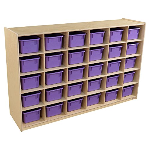 Wood Designs 30 Cubbies Kids Storage Organizer Natural Birch Cabinet Purple Bins