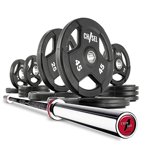 XMark CHISEL 205 lb Olympic Weights Set and CROWBAR Barbell, 7' Olympic Bar - 205 lb Weight Set