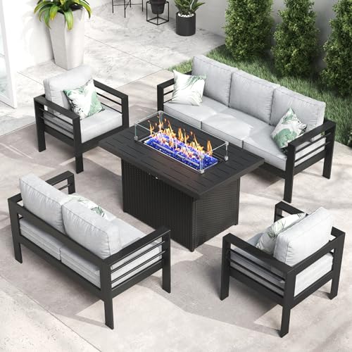 LayinSun Aluminum Furniture Set with Fire Pit Table, 5 Pieces Patio Sectional Chat Sofa Black