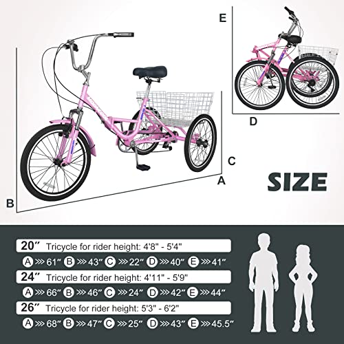 Barbella Adult Folding Tricycles 7 Speed 20/24/26 Inch 3 Wheel Cruiser Bike Light Pink