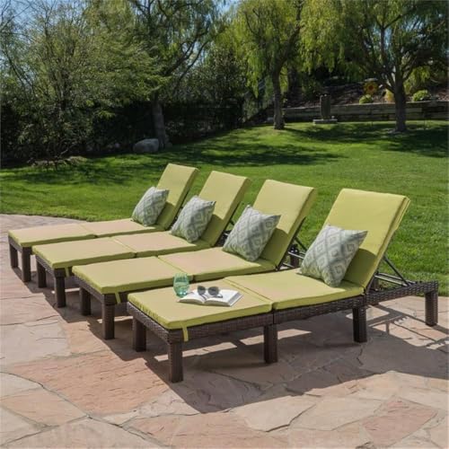 Noble House Jamaica Multi-Brown Wicker Chaise Lounge with Green Cushion (Set of 4)
