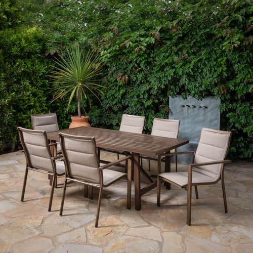 Hanover Fairhope 7-Piece Outdoor Dining Set with 6 Padded Sling Chairs and Trestle Table Tan