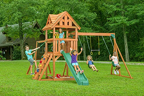 CREATIVE CEDAR DESIGNS Mountain View Lodge Wooden Swingset Multicolor Accessories & Green Slide