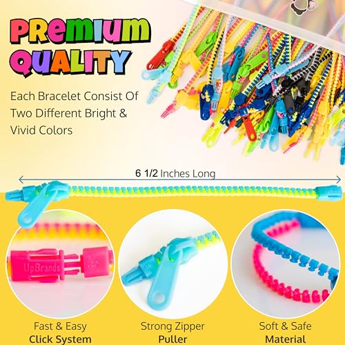 UpBrands Bulk Fidget Toys Zipper Bracelets 7.5 Inches Neon Colors