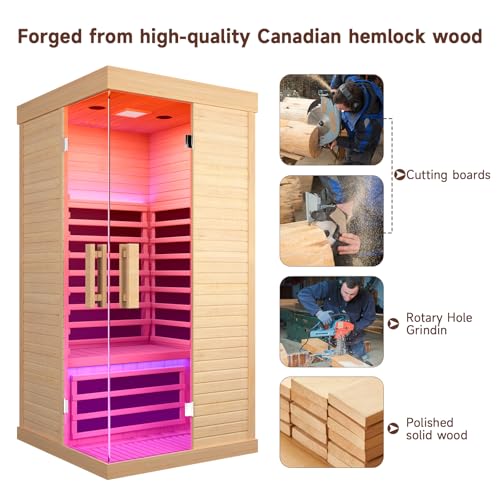 HAOYAYA Indoor Far Infrared Sauna Canadian Hemlock Single Person Spa with Oxygen Bar, 7 Color Therapy, 1420W Low-EMF