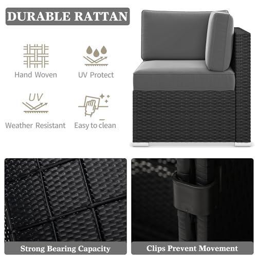 LayinSun 15 Piece Patio Furniture Set with Fire Pit Table, Wicker Rattan Sectional Sofa, Coffee Table F15-Black/Gray