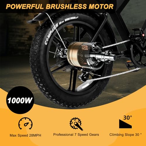 Besintu MOVCAN Electric Bike for Adults 1000W Motor (Peak 1500W), 48V/15.6AH, Up to 28MPH & 70 Miles, 20" Fat Tire Ebike, 7 Speed Gear Full Suspension Brown-2