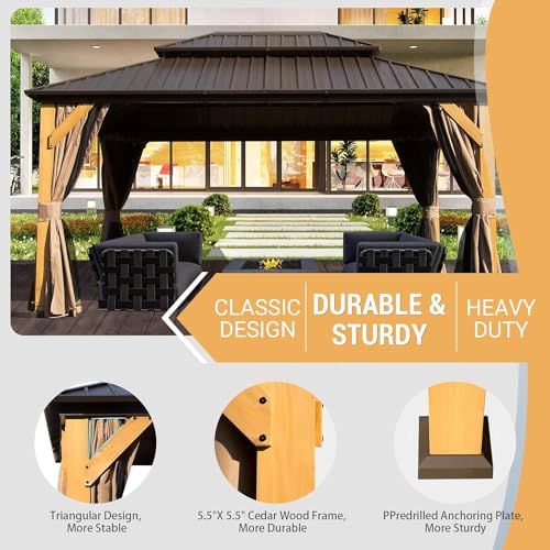 LOPOO Cedar Wood Gazebo with Hardtop, Netting & Curtains Brown
