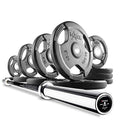 XMark Combo Offer 185 lb Set of Premium Quality Rubber Coated TRI-GRIP Olympic Weight Plates XM-3377 with 7 ft Deadlift VOODOO Commercial Olympic Bar - 11) BAR and 185 lb Set