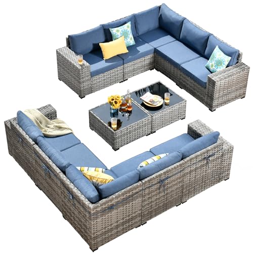 Ovio 12 Pieces Outdoor Sectional Sofa Set with Comfy Cushions Denim Blue