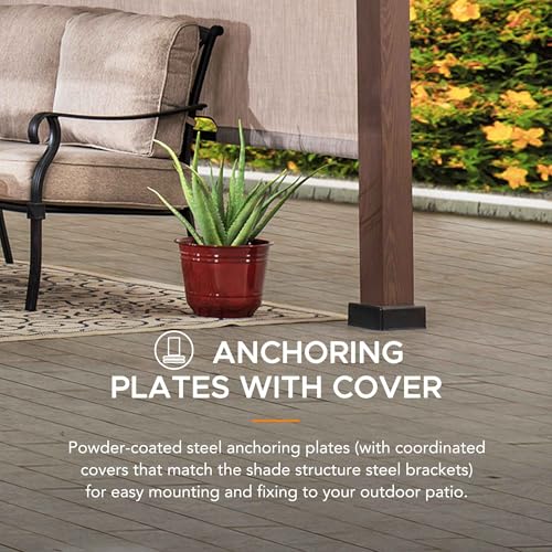 Sunjoy Outdoor Pergola 11x11 ft Black Steel with Retractable Tan Sun Shade Canopy