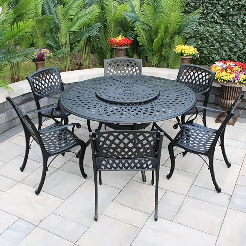 Oakland Living Modern Ornate Outdoor Mesh Aluminum 59-in Round Patio Dining Set with Six Chairs Black