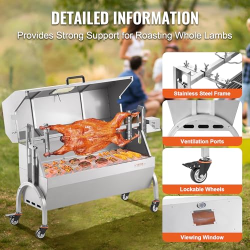 VEVOR 46 Inch Electric Rotisserie Grill with Hooded Cover, 198Lbs Capacity, Stainless Steel, Upgrade