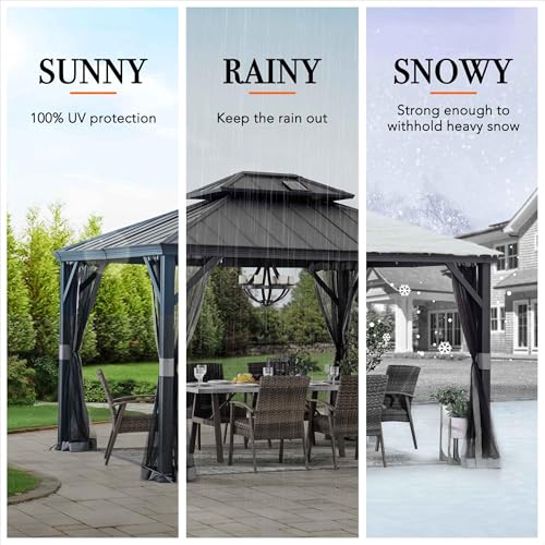 Sunjoy Hardtop Gazebo 10x12 ft Outdoor Patio Aluminum Frame with Solar Panel and Netting Black