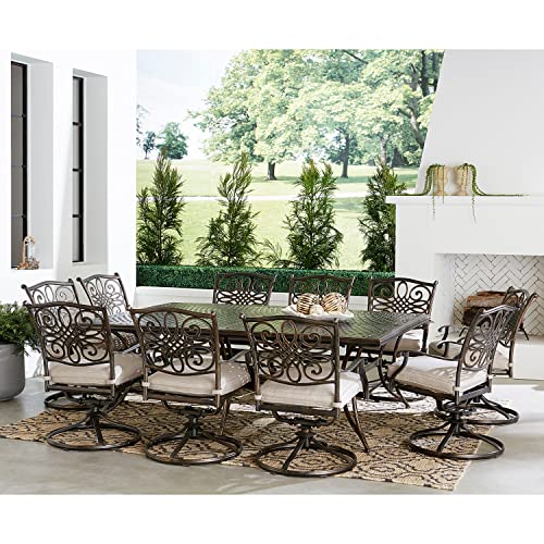 Hanover Renditions 11-Piece Outdoor Dining Set with Sunbrella® Fabric, 60"x84" Table & Swivel Chairs in Silver/Bronze