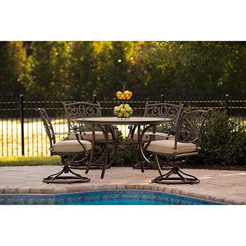 Hanover Monaco 5-Piece Outdoor Patio Dining Set with 4 Cushioned Swivel Rocker Chairs and 51" Round Tile-Top Table, Brushed Bronze Finish Tan