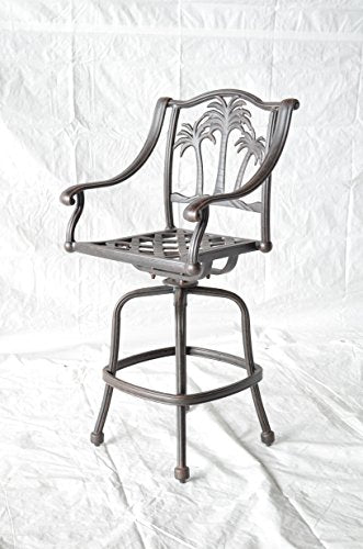 Patio Land Palm Tree Outdoor Patio Set 4 pc Swivel Bar Stools Dark Bronze Cast Aluminum Sunbrella Sesame