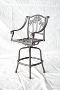 Patio Land Palm Tree Outdoor Patio Set 4 pc Swivel Bar Stools Dark Bronze Cast Aluminum Sunbrella Sesame