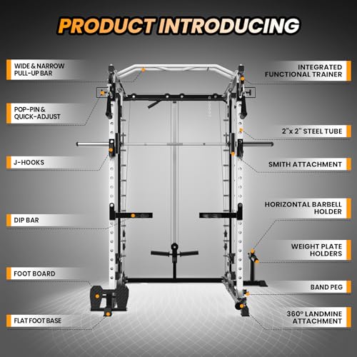 STMHOM Power Cage Smithbar White, 2000 Lbs Power Rack with Cable Crossover System, Multi-Functional Squat Rack with LAT Pulldown for Home Gym