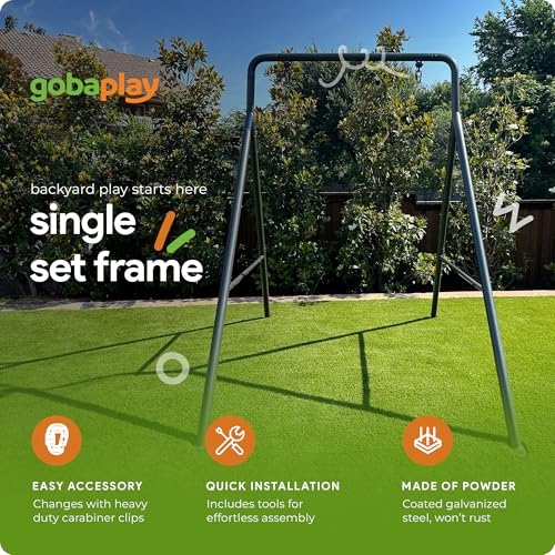 gobaplay Heavy Duty Explorer Kids 3 Zone Swing Set - XL Blue Double Platform, Belt & Flat Swings
