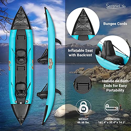 SereneLife 2 Person Inflatable Kayak - Double Kayak with Aluminum Paddles, Repair Kit - Lightweight, Portable Adult Kayaks with High-Output Pump - Durable Vinyl Kayak - Aqua