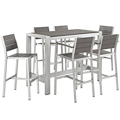 Modway Shore 7-Piece Aluminum Outdoor Patio Pub Bistro Set Silver Gray
