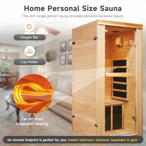 RIGO 1-Person Infrared Sauna Hemlock Wood with Bluetooth & LED Control 980W