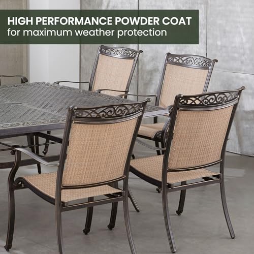 Hanover Fontana 9-Piece Outdoor Patio Dining Set with 60'' Cast-Top Table and 8 Sling Swivel Rocker Chairs Tan