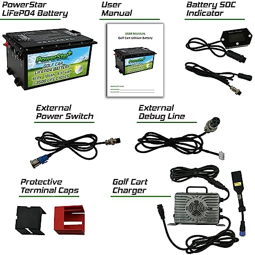 PowerStar 48V 105AH LiFePO4 Lithium Battery Bundle + Charger for EZGO TXT Golf Carts Black