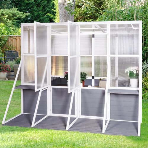 CIATRE Wooden Lean-To Greenhouse, Heavy Duty Outdoor Walk-In Garden Shed, White+Gray